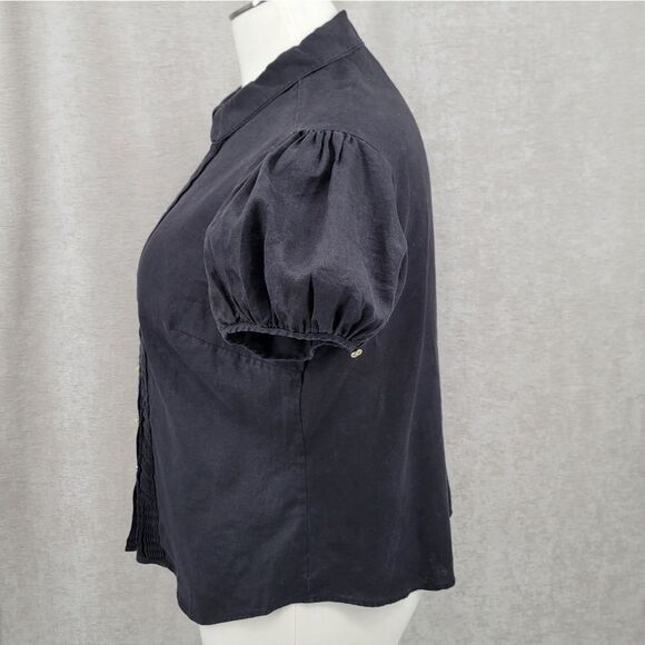 Liz Claiborne Linen Button-Up Blouse with Puff Sleeves Pleated Front Plus Size - Picture 3 of 12